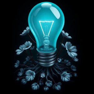 Teal light bulb with roots and flowers, symbolizing creative collaboration